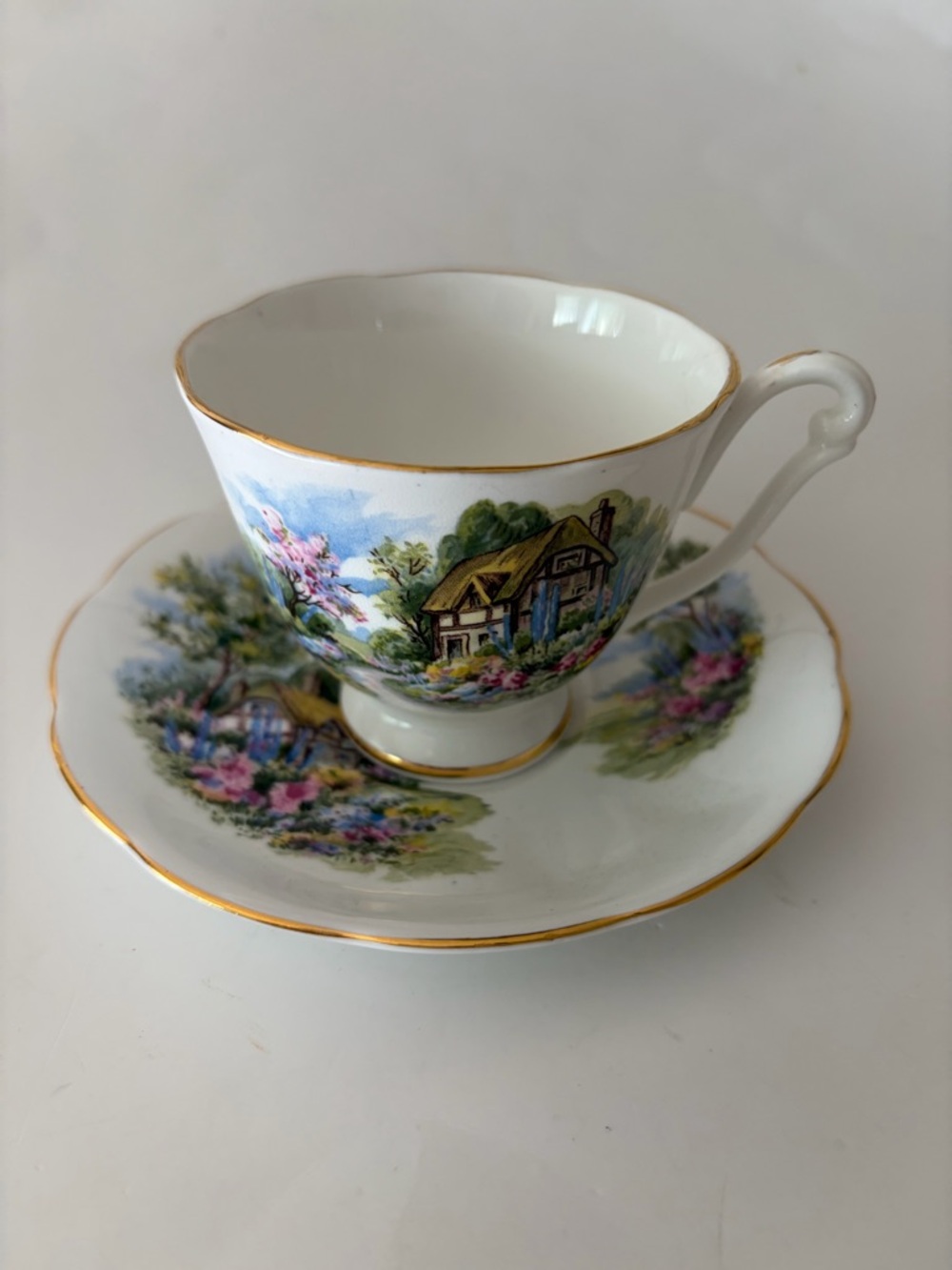Vintage Queen Anne England Fine Bone China Teacup and Saucer Tudor Cottage